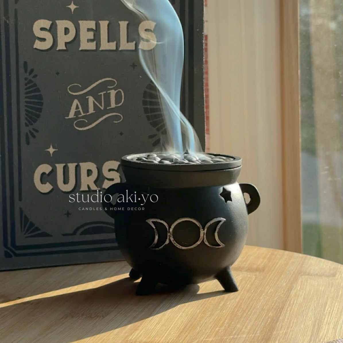 Resin bubbling brew cauldron incense cone holder with triple moon and star cutouts