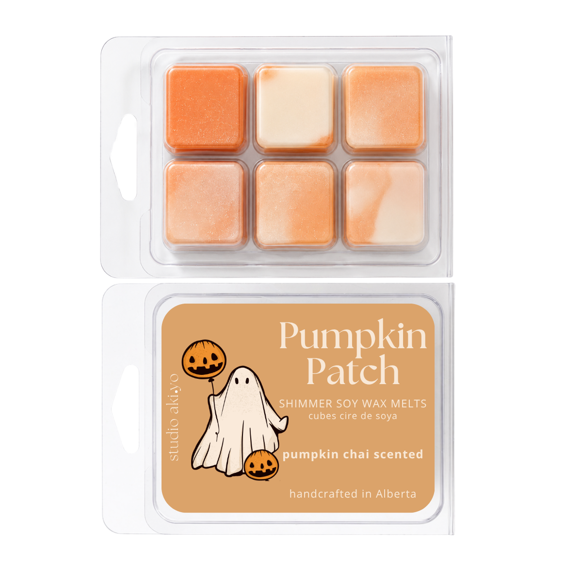 Two packages of Studio Ablo 'Pumpkin Patch' chimmer soy wax melts. The top package shows six wax cubes in a clear plastic clamshell, featuring orange and cream marbled cubes.