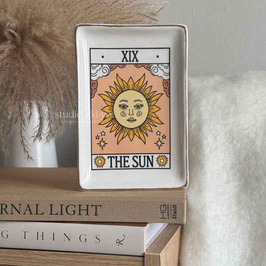 Ceramic trinket tray featuring Sun tarot card design with gold edge