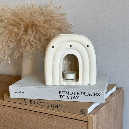 Arch cream-speckle ceramic wax melt burner with arch-shaped tealight warmer