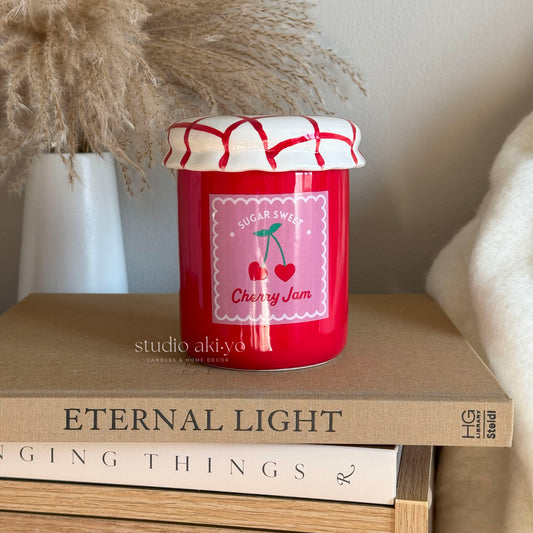 Ceramic cherry jam cottagecore wax melt burner shaped like a jam jar with lid