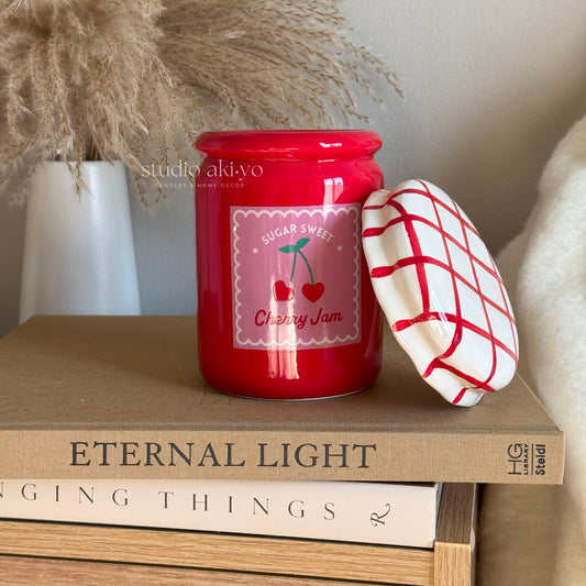 Ceramic cherry jam cottagecore wax melt burner shaped like a jam jar with removable lid