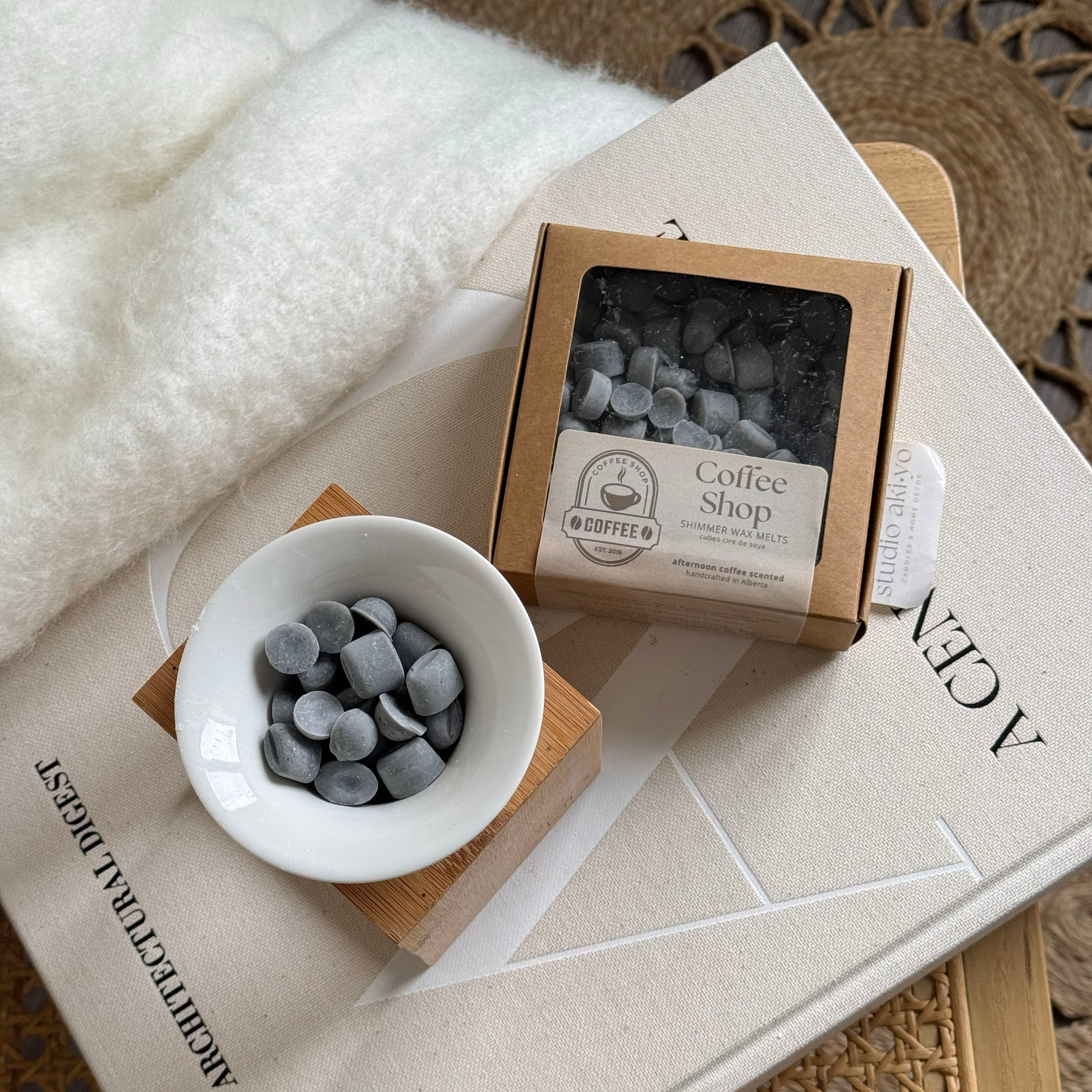 Coffee shop wax melt scoopies scented with rich espresso in shapes of coffee beans