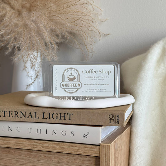 Coffee shop scented wax melts snap bar on neutral background