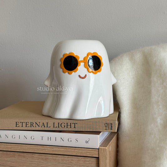 White ceramic hippie ghost flower vase with groovy glasses