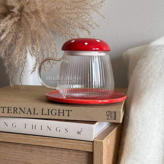 Glass mushroom mug with matching saucer and lid in cottagecore style