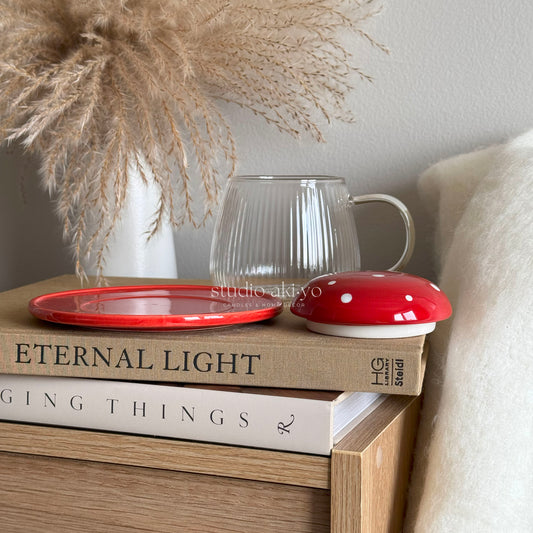 Glass mushroom mug with matching saucer and lid in cottagecore style