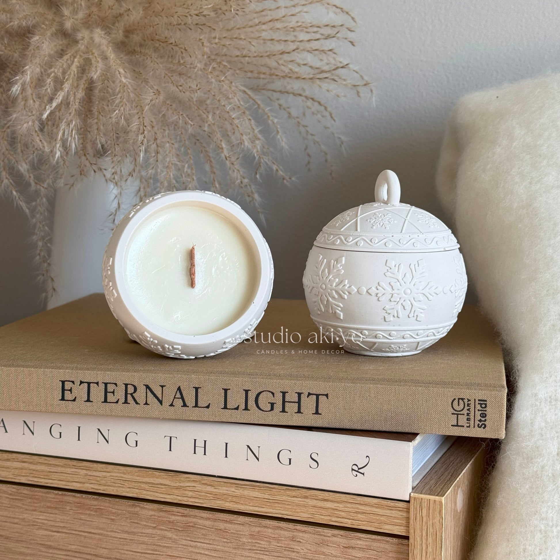 Winterberry wooden wick candle in handmade ornament candle jar