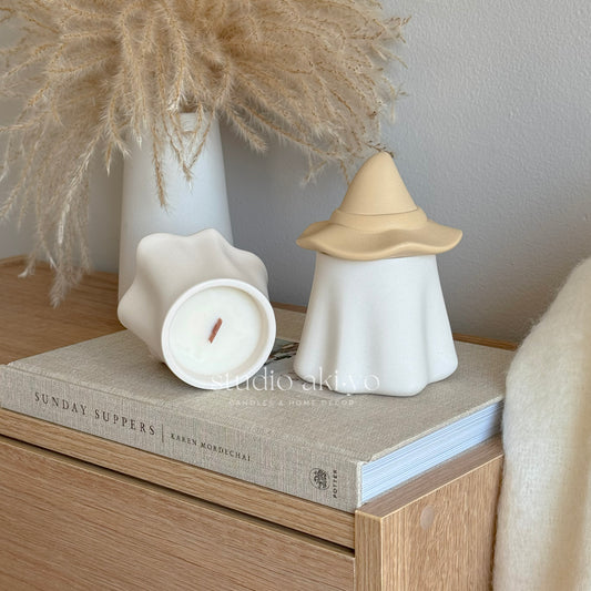 Trick or Treat wooden wick Halloween candle in handmade cute spooky ghost jar