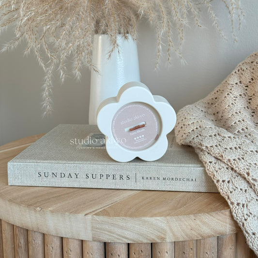 Yuzu Blush crackling wooden wick candle in handmade neutral aesthetic flower jar