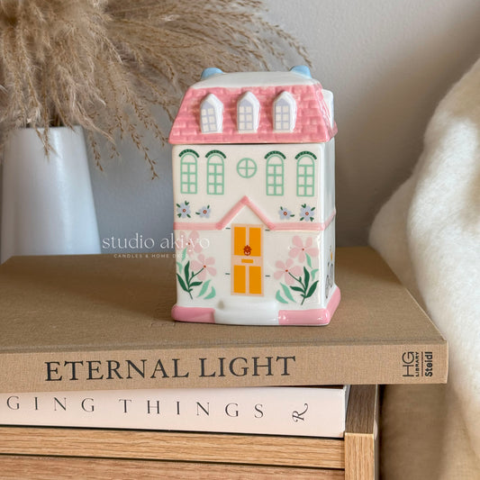 Ceramic cottagecore house wax melt burner with removable pastel pink roof lid