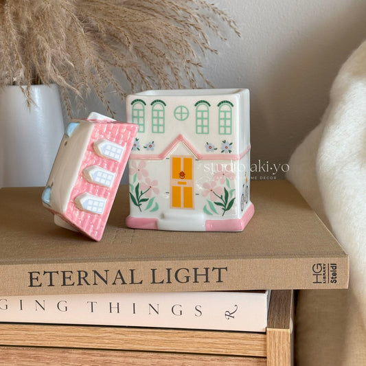 Ceramic cottagecore house wax melt burner with removable pastel pink roof lid