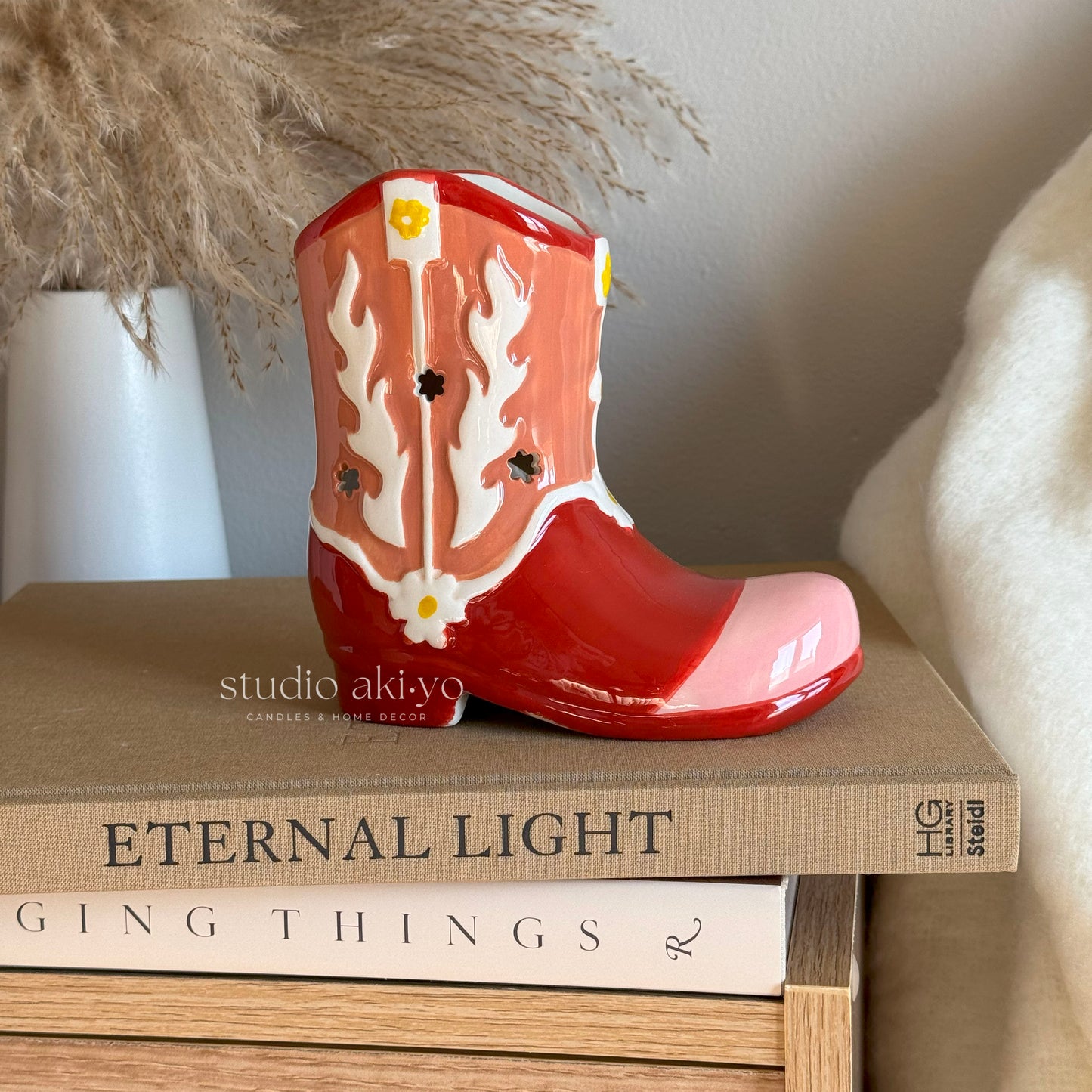 Ceramic cowboy boot wax melt burner with tealight warmer design