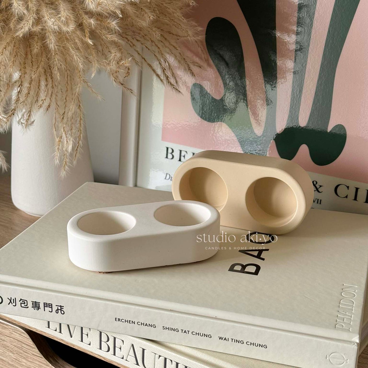 Neutral-toned double tealight holder made from jesmonite