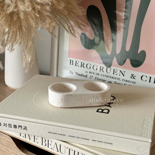 Double tealight candle holder with terrazzo finish in jesmonite
