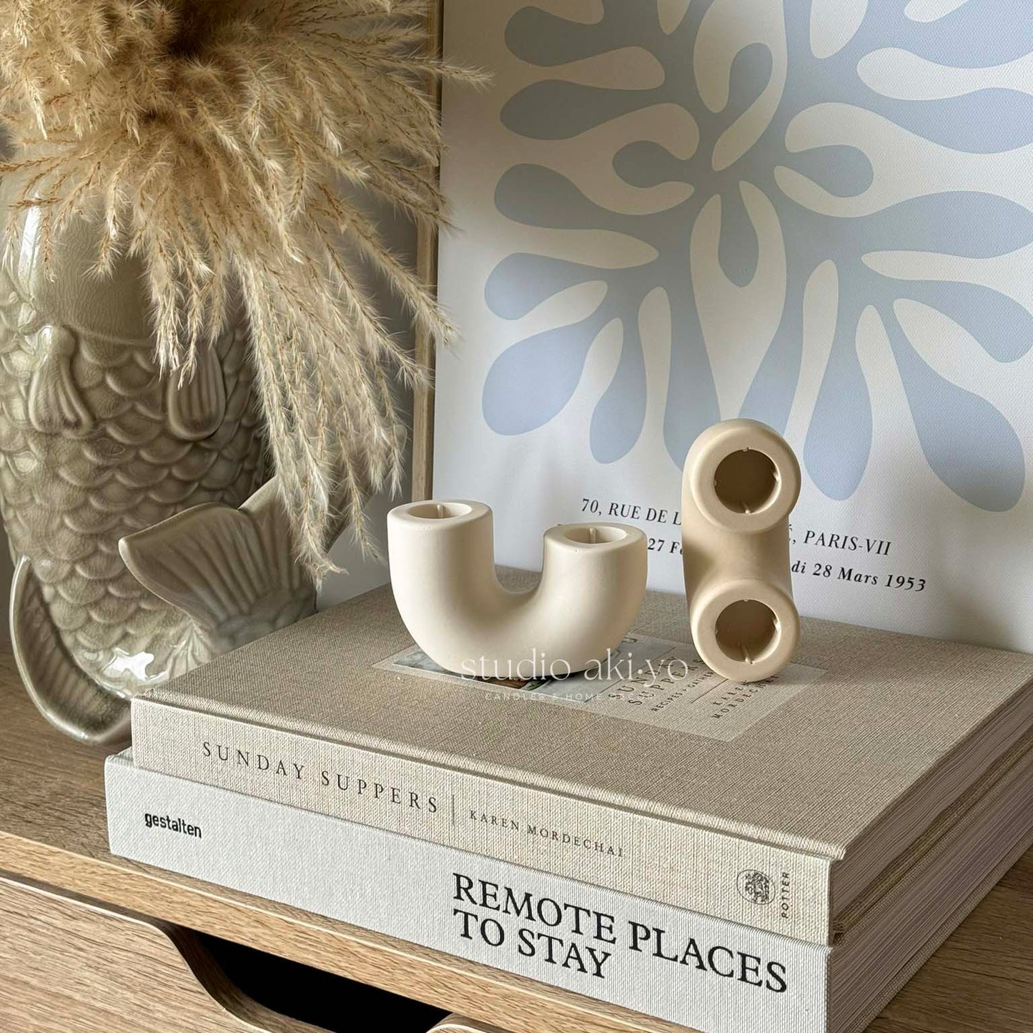 Double taper candle holder in smooth neutral jesmonite