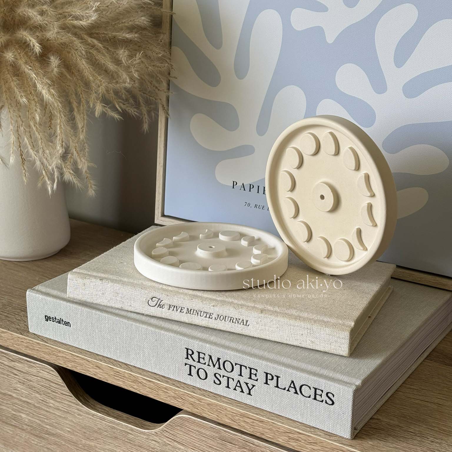 Moon phases jesmonite incense stick holder on neutral background