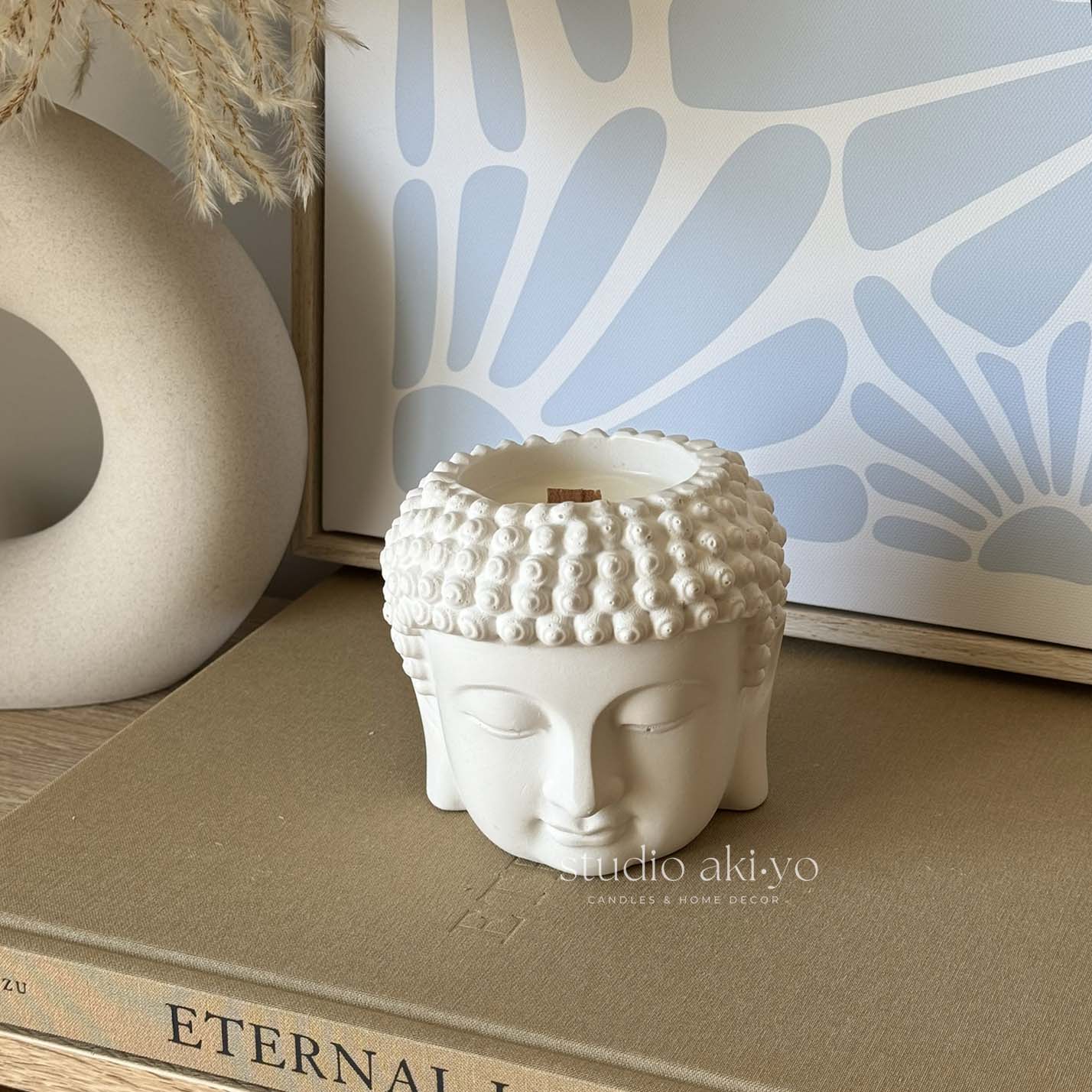 Namaste candle with wood wick in handmade buddha jar