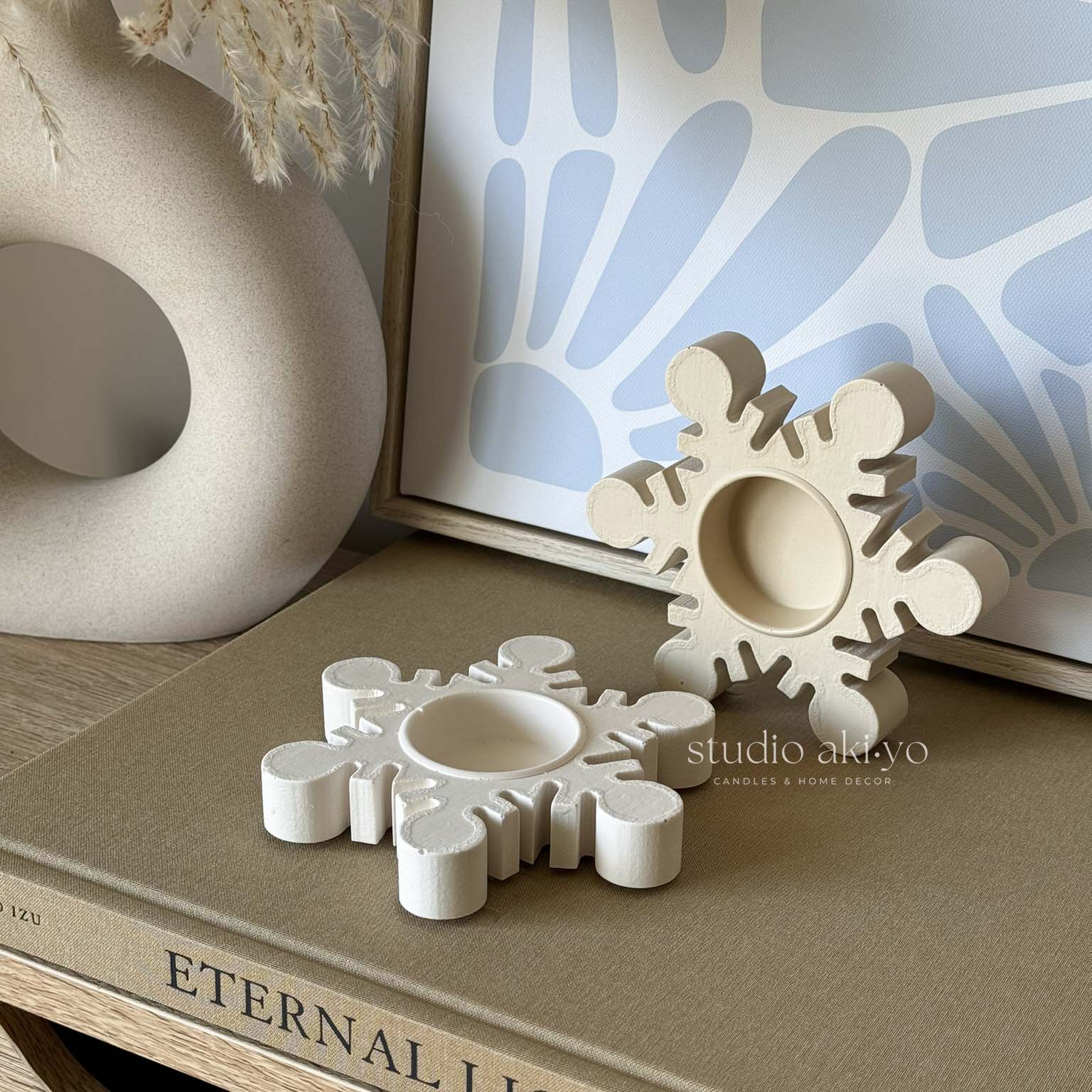 Modern tablescape styling with handcrafted snowflake candle holder