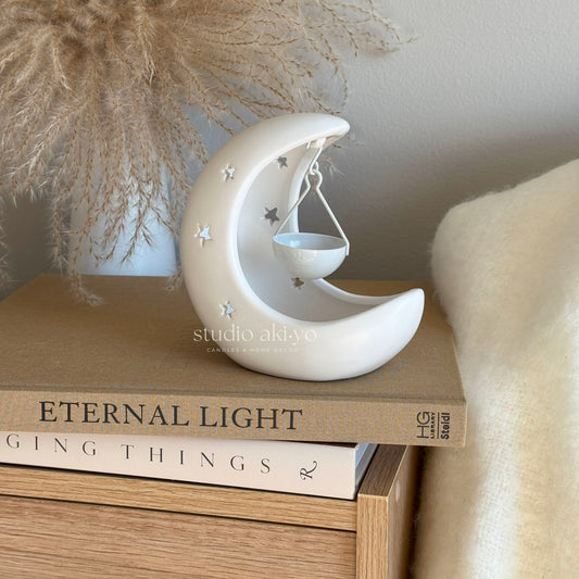 White ceramic crescent moon and star hanging wax melt burner for tealight warmer