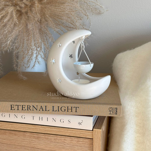 White ceramic crescent moon and star hanging wax melt burner tealight warmer perfect for wax melts or essential oils