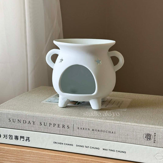 White ceramic triple moon cauldron wax melt burner with tealight opening perfect for your mystical decor