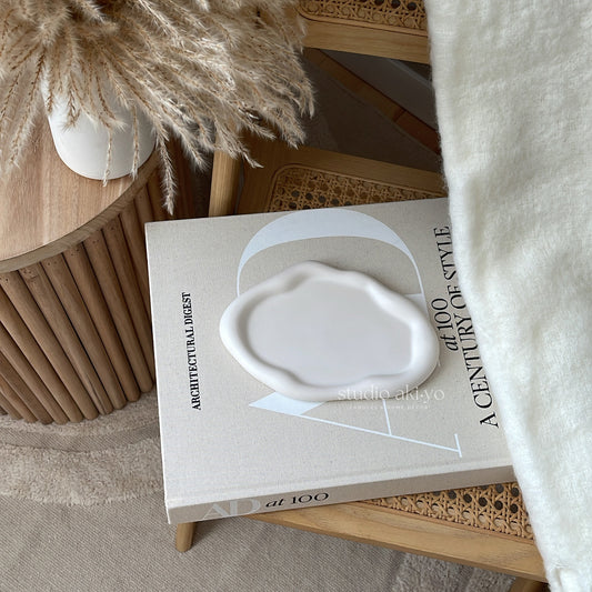 Sculptural oval cloud catchall dish styled for soft Japandi interiors