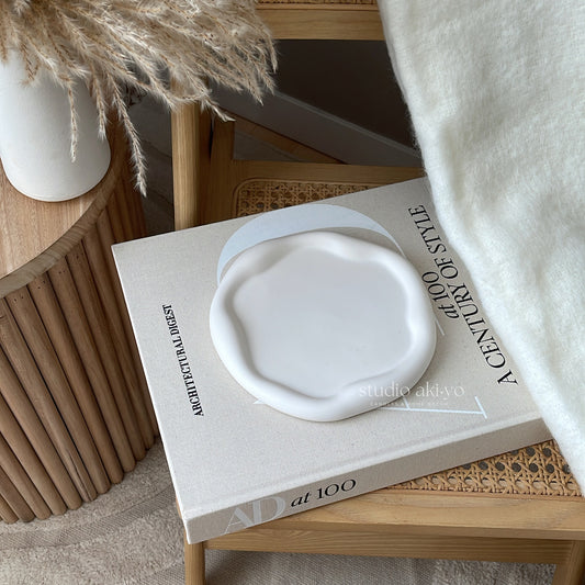 Sculptural catchall dish styled for soft Japandi interiors