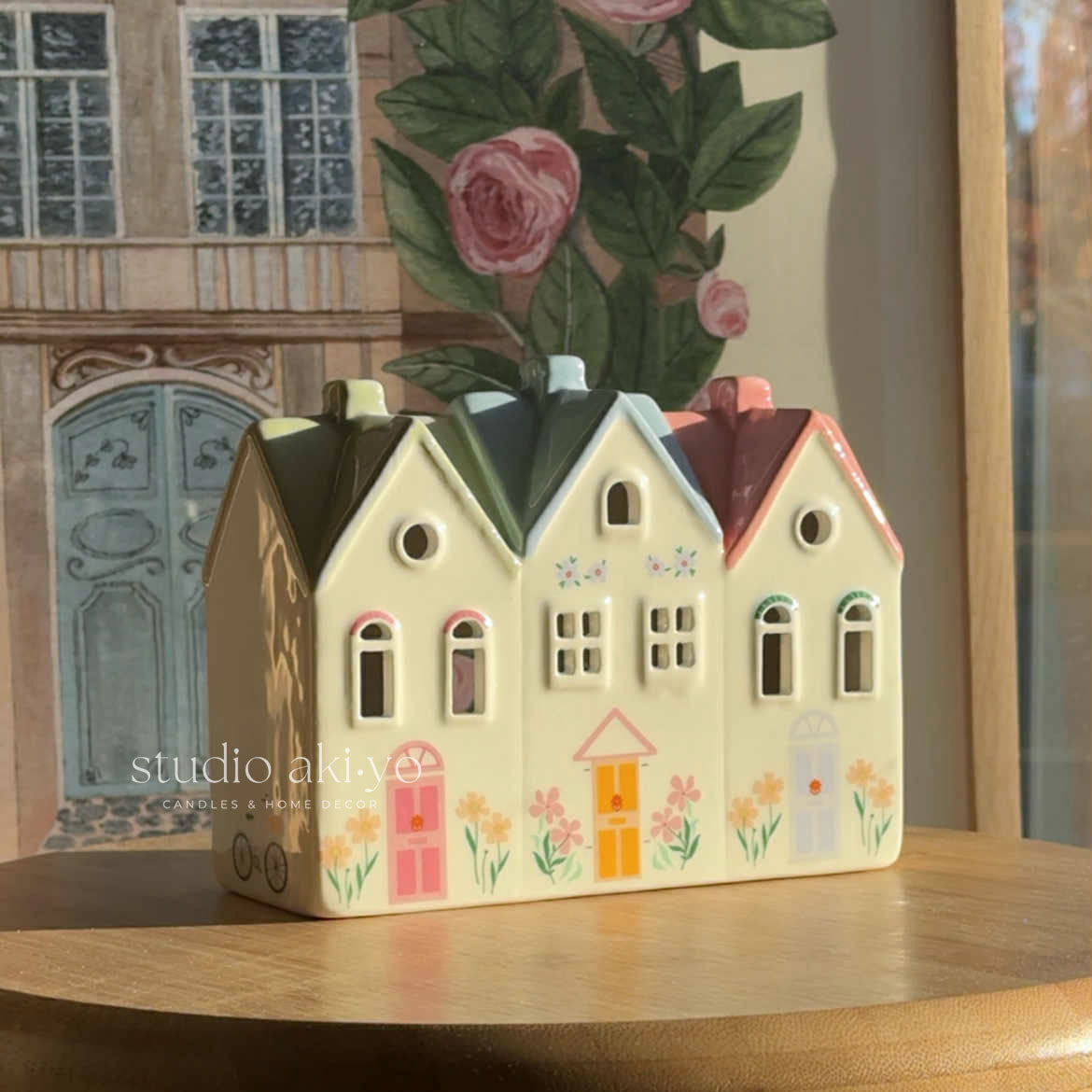 Ceramic pastel village house incense cone and tealight holder with chimney