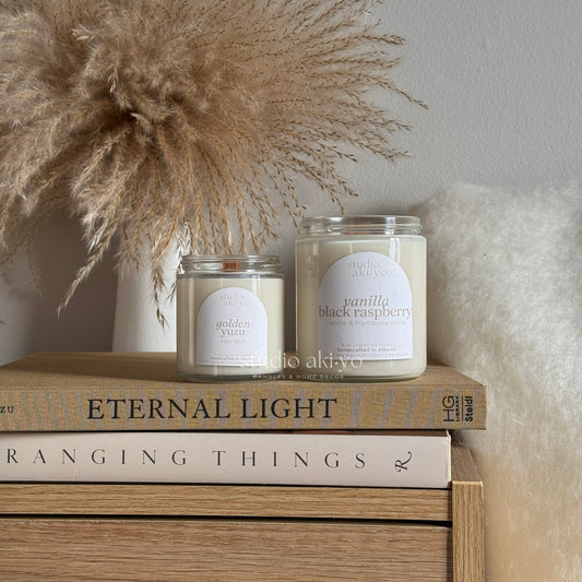 Studio Akiyo glass candle jar scented wood wick candle made from 100% natural soy wax and clean non toxic fragrances.