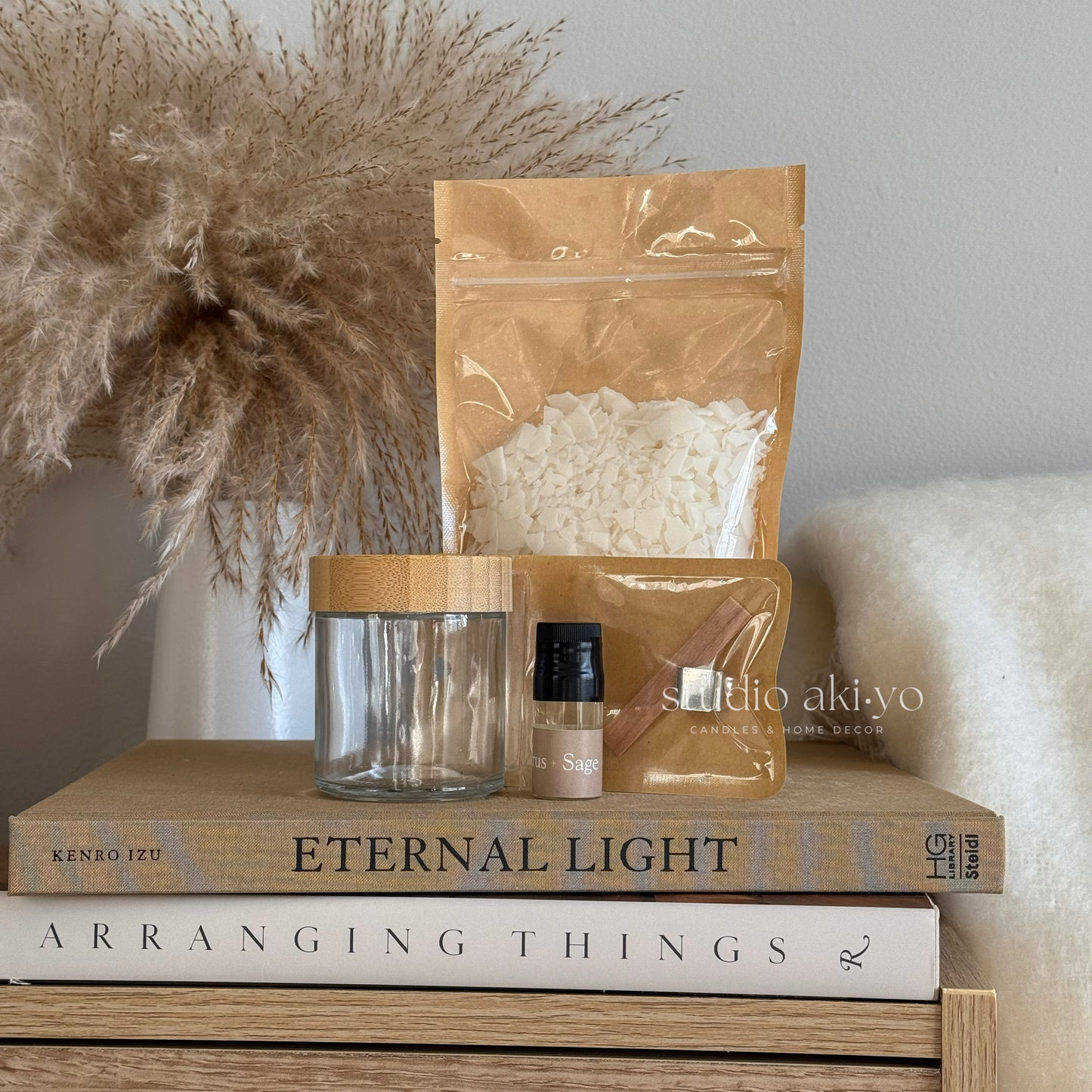 Picture of all the ingredients included in Studio Akiyo's diy candle making kit to make your own scented candle