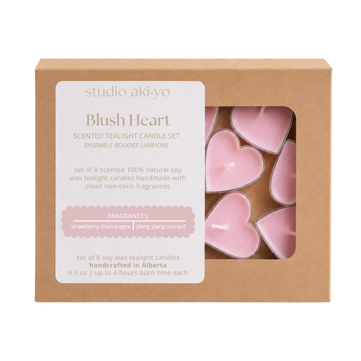 Studio Akiyo Blush Heart tealight candle set featuring pink heart scented candles