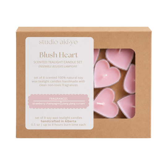 Studio Akiyo Blush Heart tealight candle set featuring pink heart scented candles