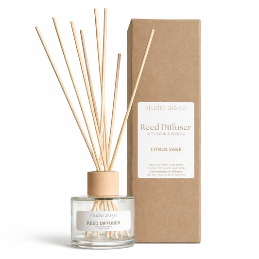 Citrus Sage Studio Akiyo reed diffuser with wooden sticks and a cardboard on a white background.
