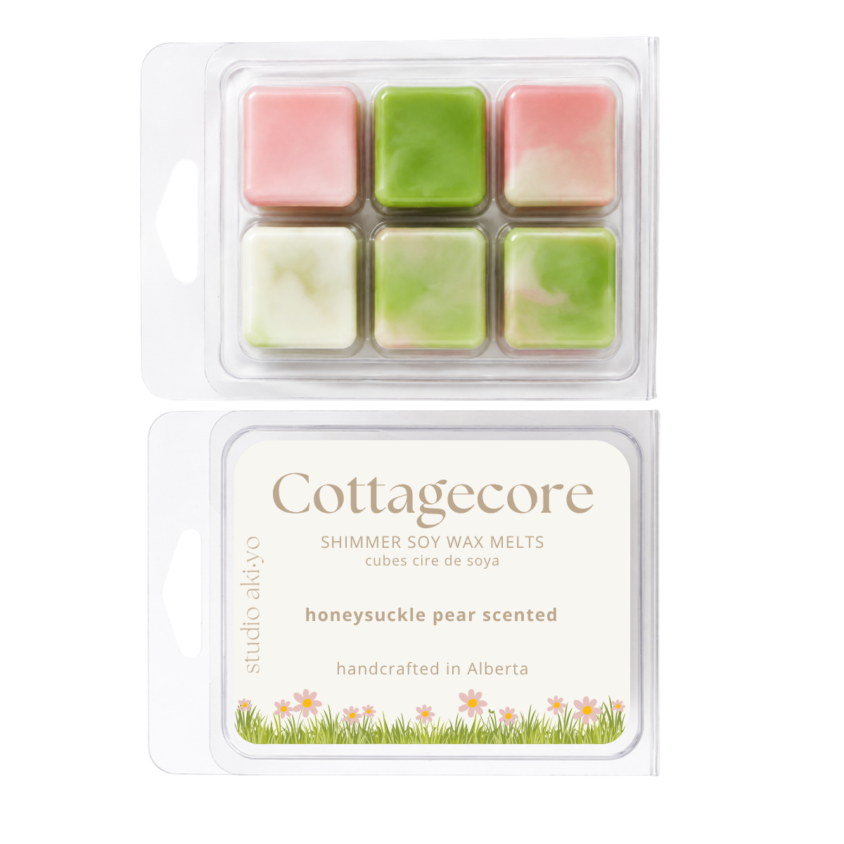 Studio Aldyo Cottagecore shimmer soy wax melts in a clear clamshell package, showing six marbled wax cubes in pink, green, and creamy white, with the front label visible below.