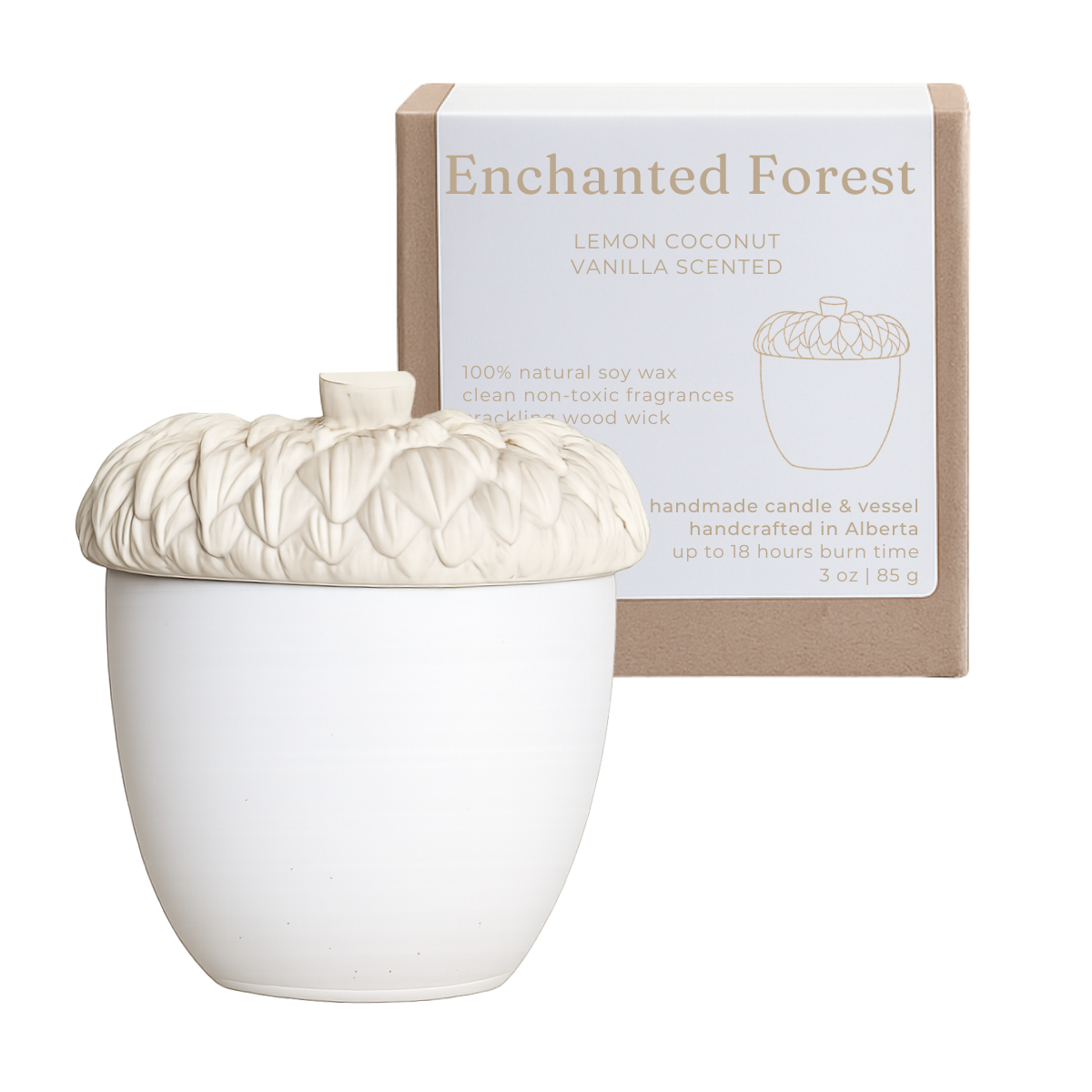 Studio Akiyo Enchanted forest wood wick candle scented with lemon coconut vanilla.