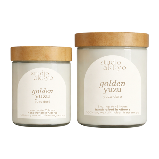 Golden Yuzu Studio Akiyo glass candle jars wood wick candle with natural bamboo lid.