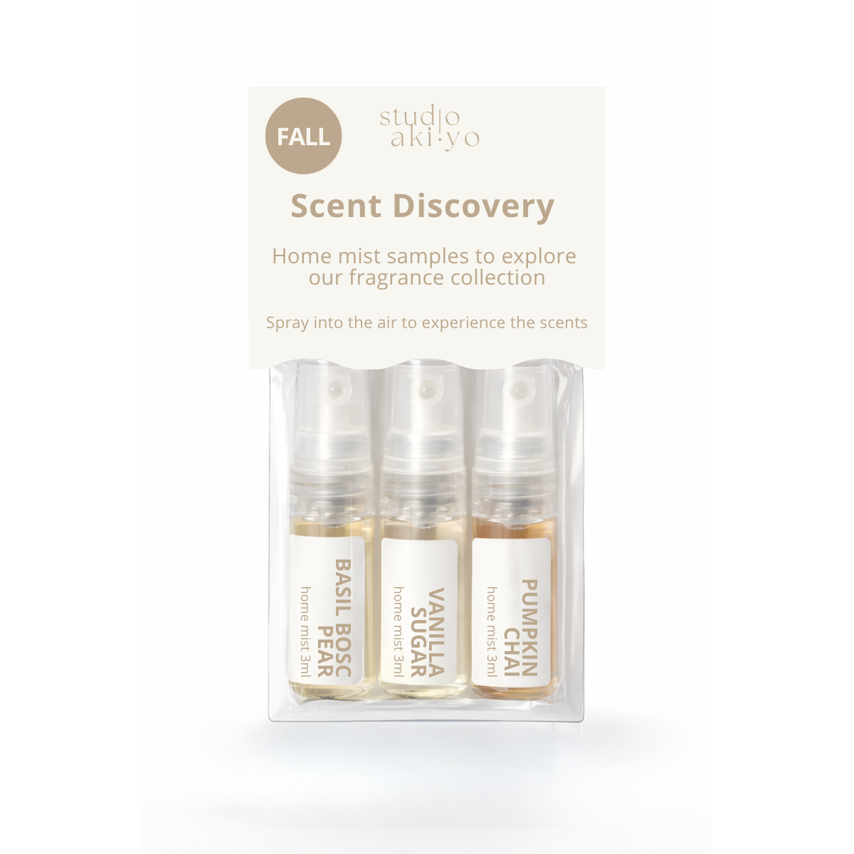 Studio Akiyo 'Scent Discovery' fall home mist sample pack containing three 3ml spray vials: Basil Rose Pear, Vanilla Sugar, and Pumpkin Chai, in a clear plastic blister pack with a cream-colored header card.