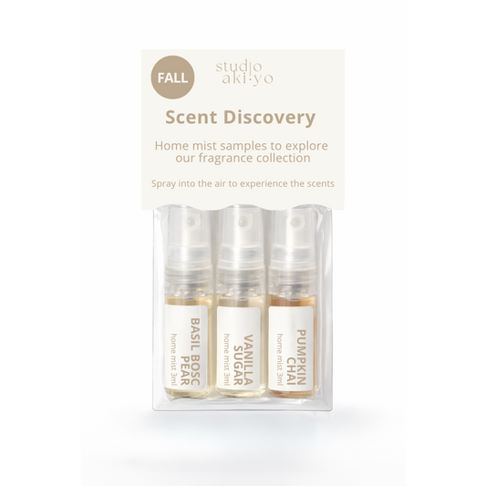 Studio Akiyo 'Scent Discovery' fall home mist sample pack containing three 3ml spray vials: Basil Rose Pear, Vanilla Sugar, and Pumpkin Chai, in a clear plastic blister pack with a cream-colored header card.