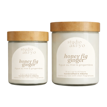 Honey Fig Ginger Studio Akiyo glass candle jars wood wick candle with natural bamboo lid.