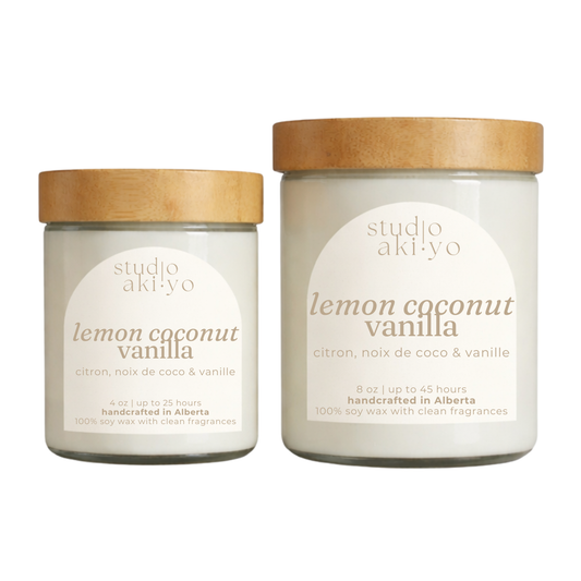 Lemon Coconut Vanilla Studio Akiyo glass candle jars wood wick candle with natural bamboo lid.