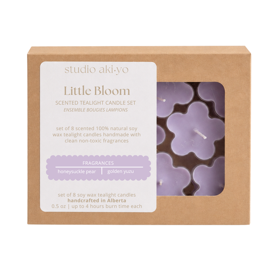 Studio Akiyo Little Bloom tealight candle kit featuring purple flower candles.