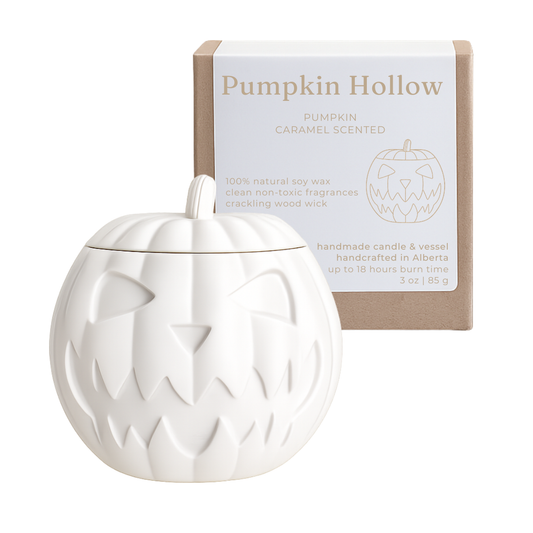Studio Akiyo Pumpkin Hollow pumpkin caramel scented wood wick candle made in alberta with natural soy wax.