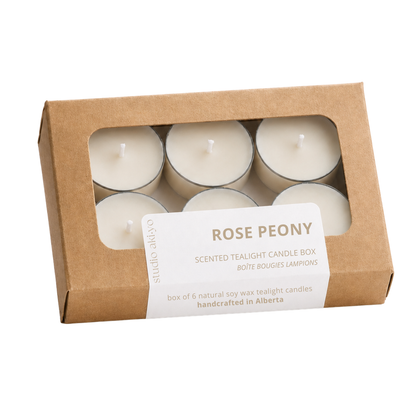 Studio Akiyo rose peony tealight candle box. Made from 100% natural soy wax and clean burning fragrances.