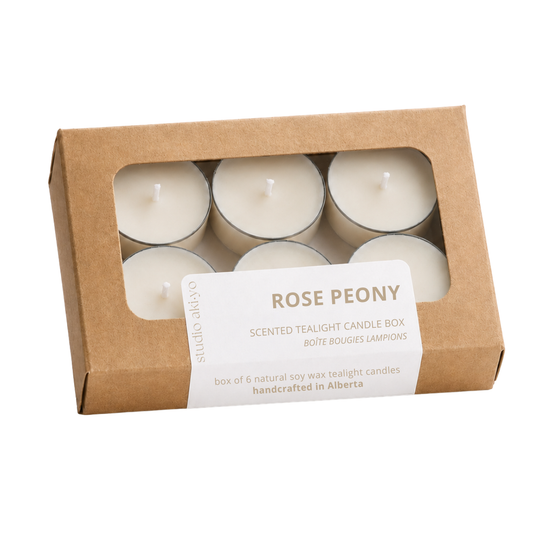 Studio Akiyo rose peony tealight candle box. Made from 100% natural soy wax and clean burning fragrances.