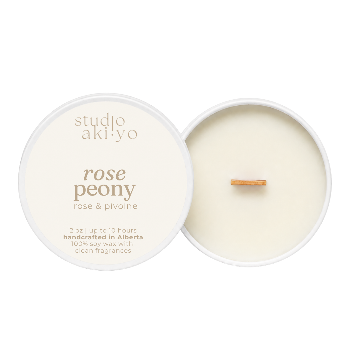 Studio Akiyo 'Rose Peony' soy wax candle shown with its white lid featuring gold lettering next to the open candle container displaying the creamy off-white wax and a small wooden wick.