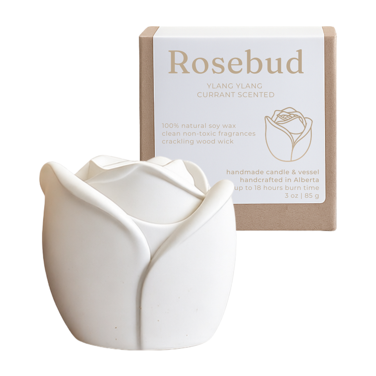 Rosebud studio akiyo wooden wick candle, ylang ylang currant scented with wooden wick.