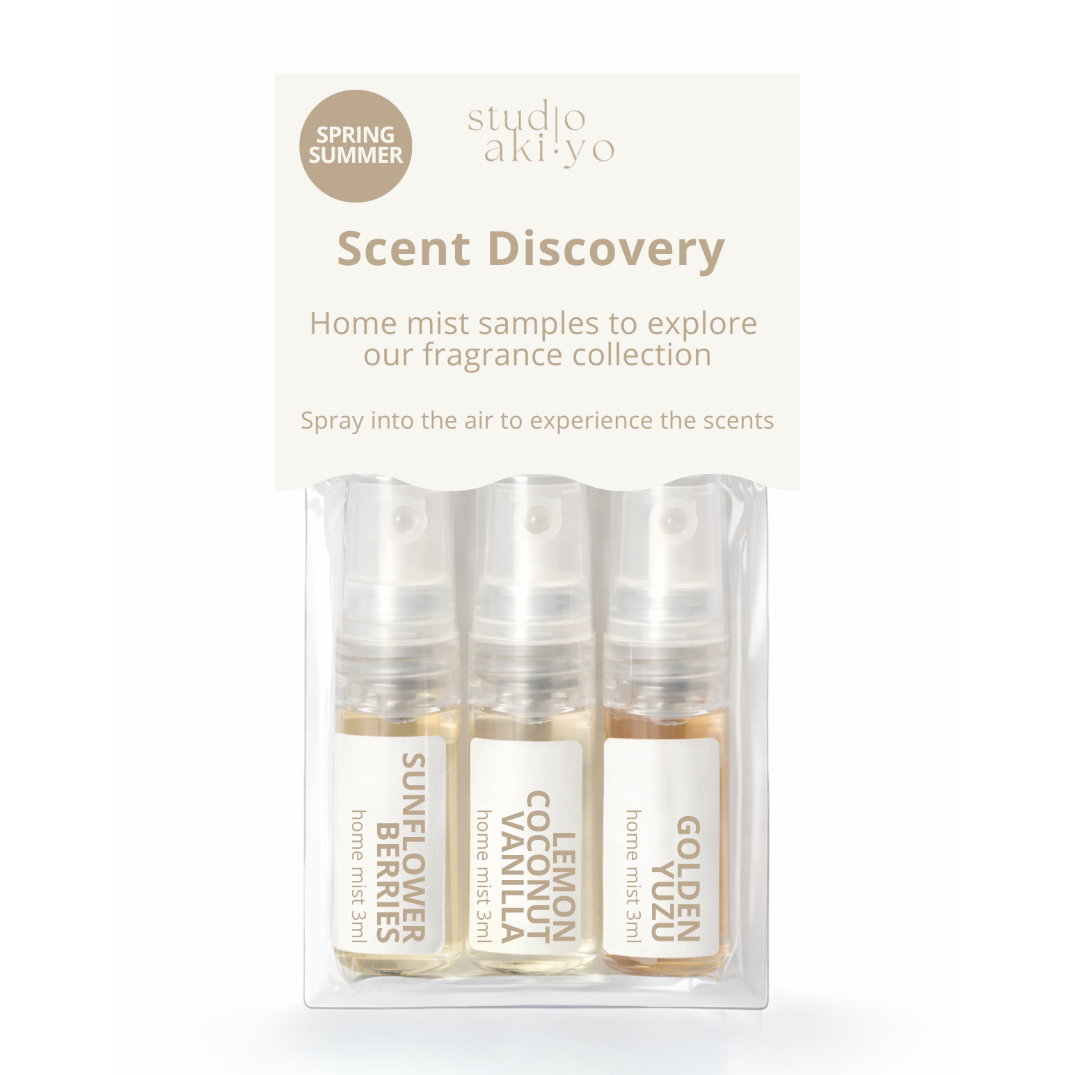 Packaging of Studio Akiyo Scent Discovery home mist samples on a white background. 