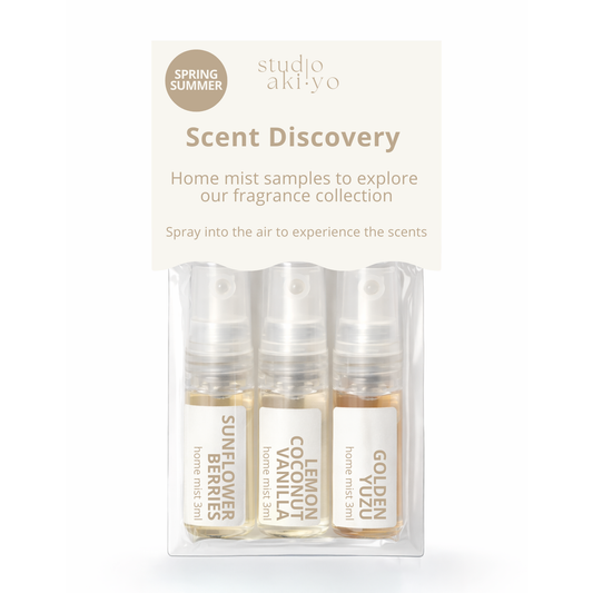 Packaging of Studio Akiyo Scent Discovery home mist samples on a white background. 