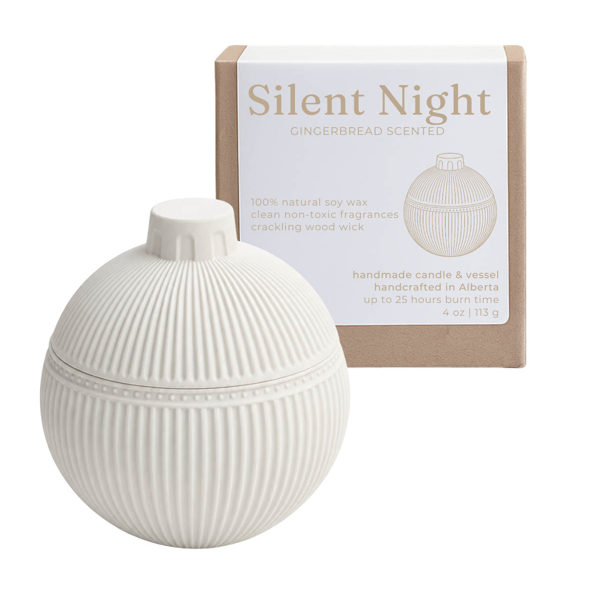 A ribbed spherical soy wax candle in an off-white ceramic-style vessel with a matching lid, shown in front of its kraft paper packaging box labeled 'Silent Night Gingerbread Scented'.